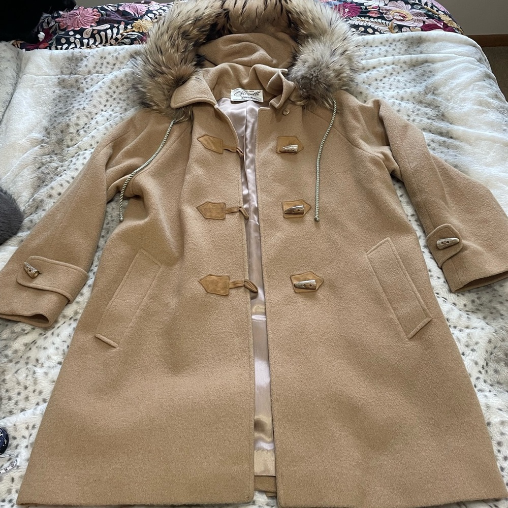 Fleurette for Neiman Marcus Tan Duffle Coat with Hood and made with Camel Hair
